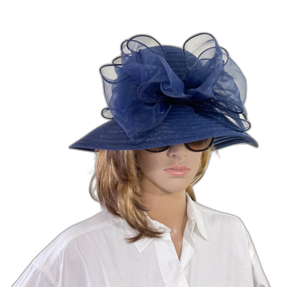 Forbusite Wide Brim Hat OS adjustable with w Large Bow Derby Church Navy blue - Picture 5 of 8